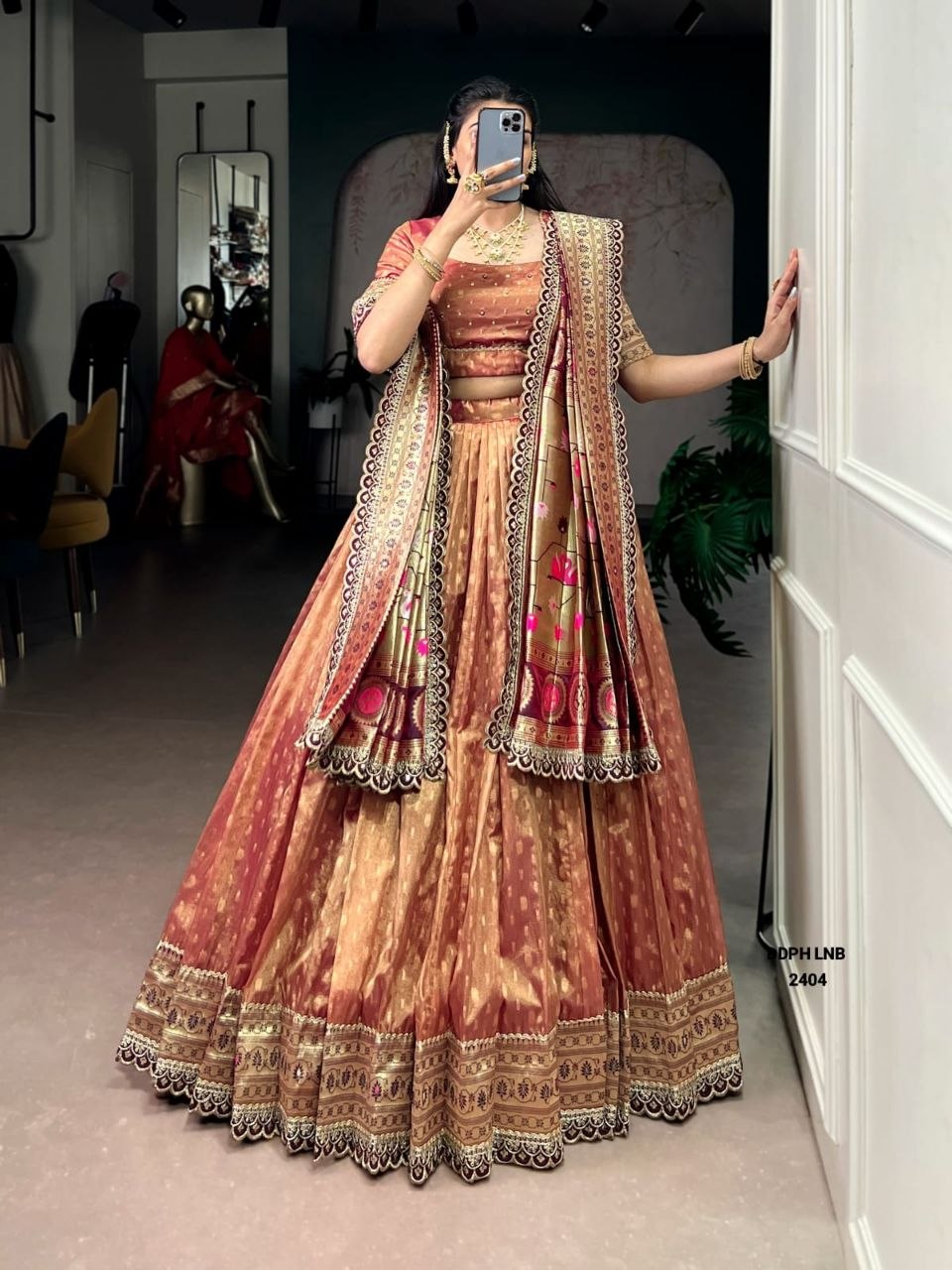 Copper Brown (Rust) with Gold & Maroon Banarasi Lehenga